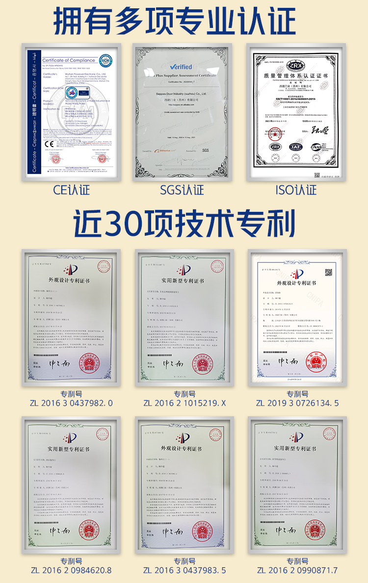 西朗門業(yè)快速門廠家多項認證